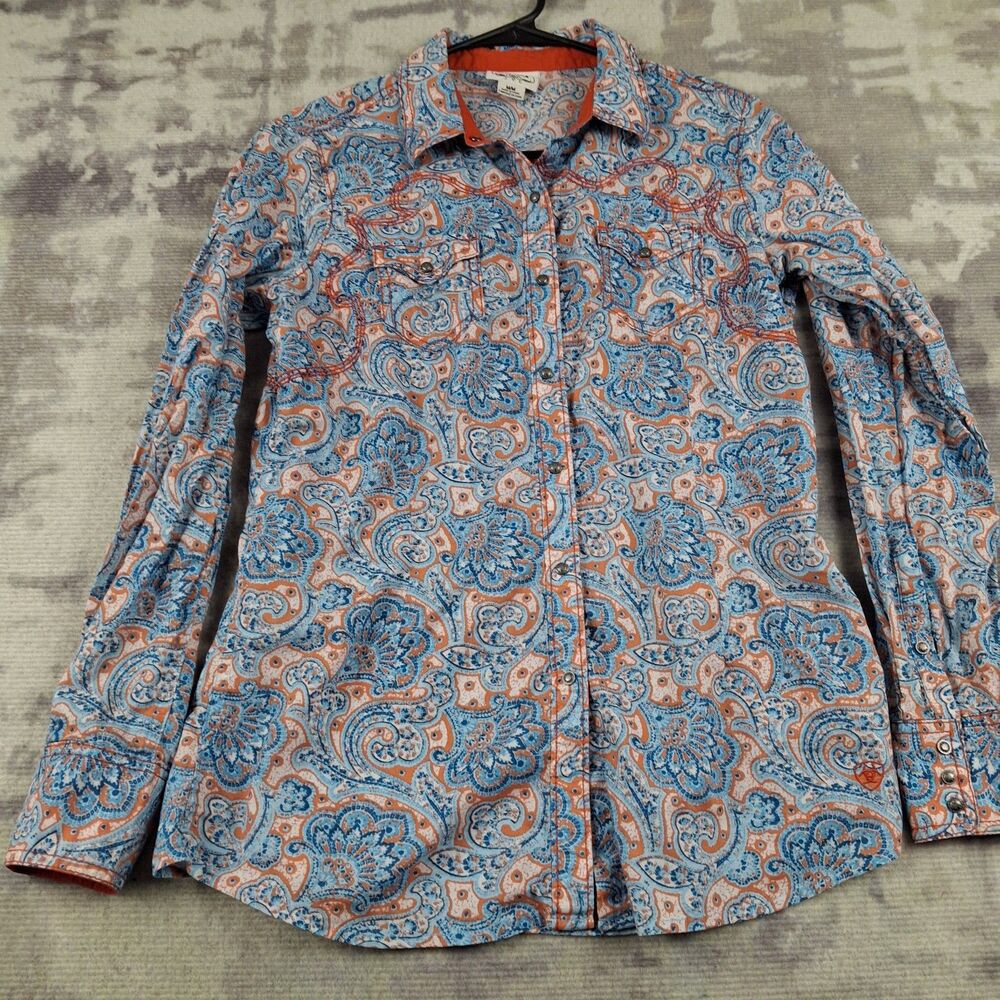 Ariat Womens Medium Paisley Pearl Snap Shirt Blue Orange Western Cowgirl Rodeo M